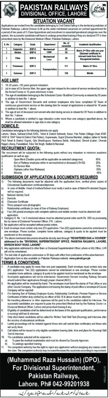 Pakistan Railways Lahore Jobs 2026 Advertisement